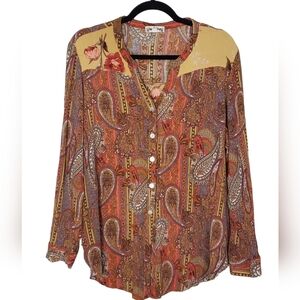 Hope Springs Brown Red Tan Blouse Long Sleeves Floral Paisley Size XXL